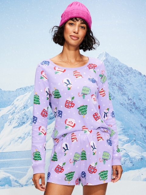 Scoop-Neck Waffle Pajama Top for Women - Purple Mugs (Match The Fam!)