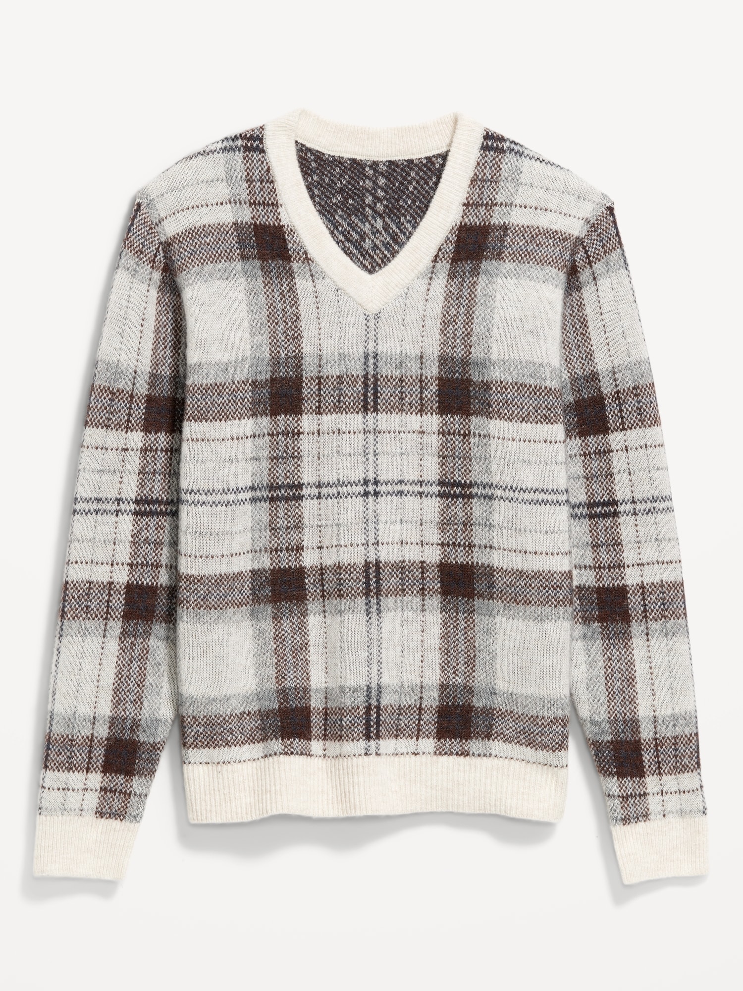 Wool-Blend V-Neck Plaid Sweater