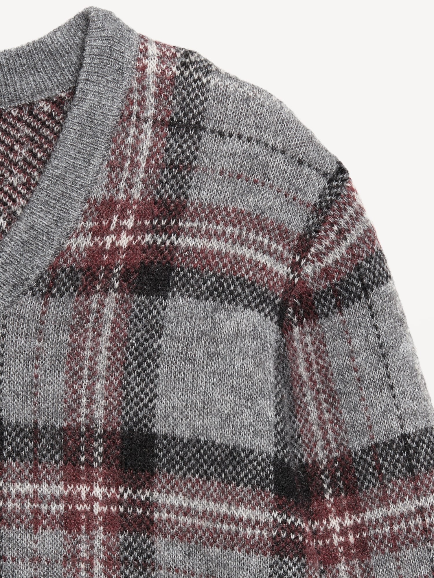 Wool-Blend V-Neck Plaid Sweater