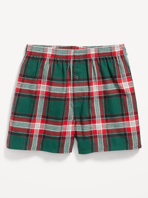 Printed Flannel Boxer Shorts - Large Green Plaid