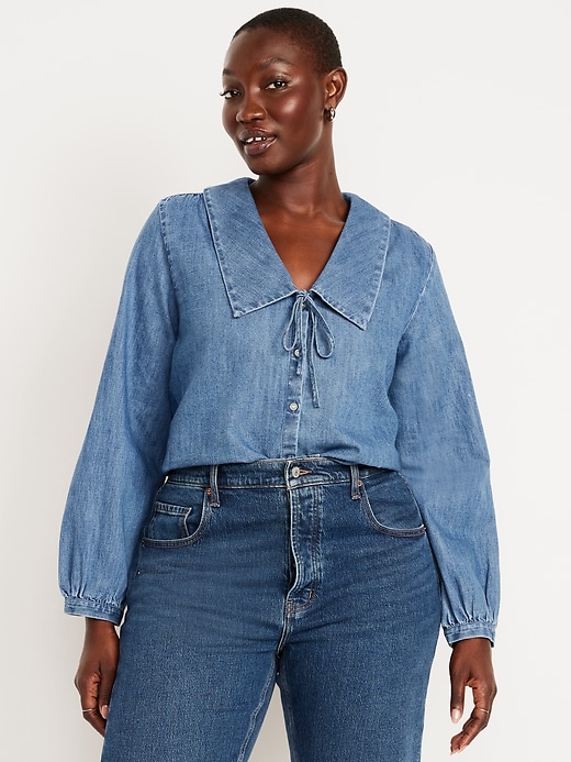 Image number 3 showing, Long-Sleeve Button-Down Cropped Denim Shirt