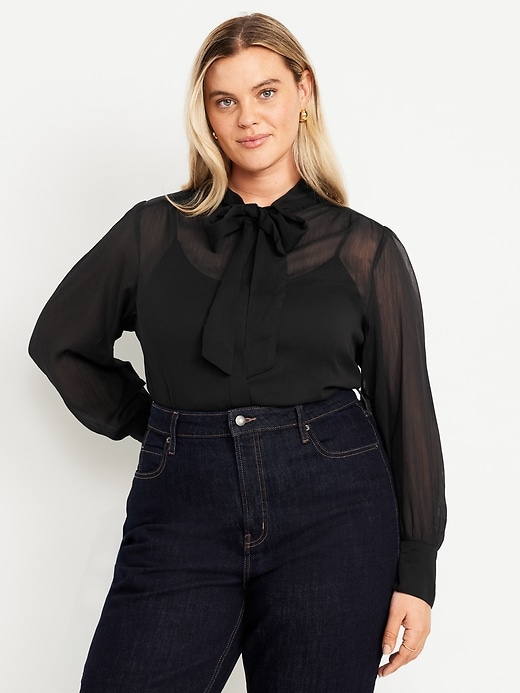 Image number 7 showing, Long-Sleeve Tie-Neck Chiffon Top