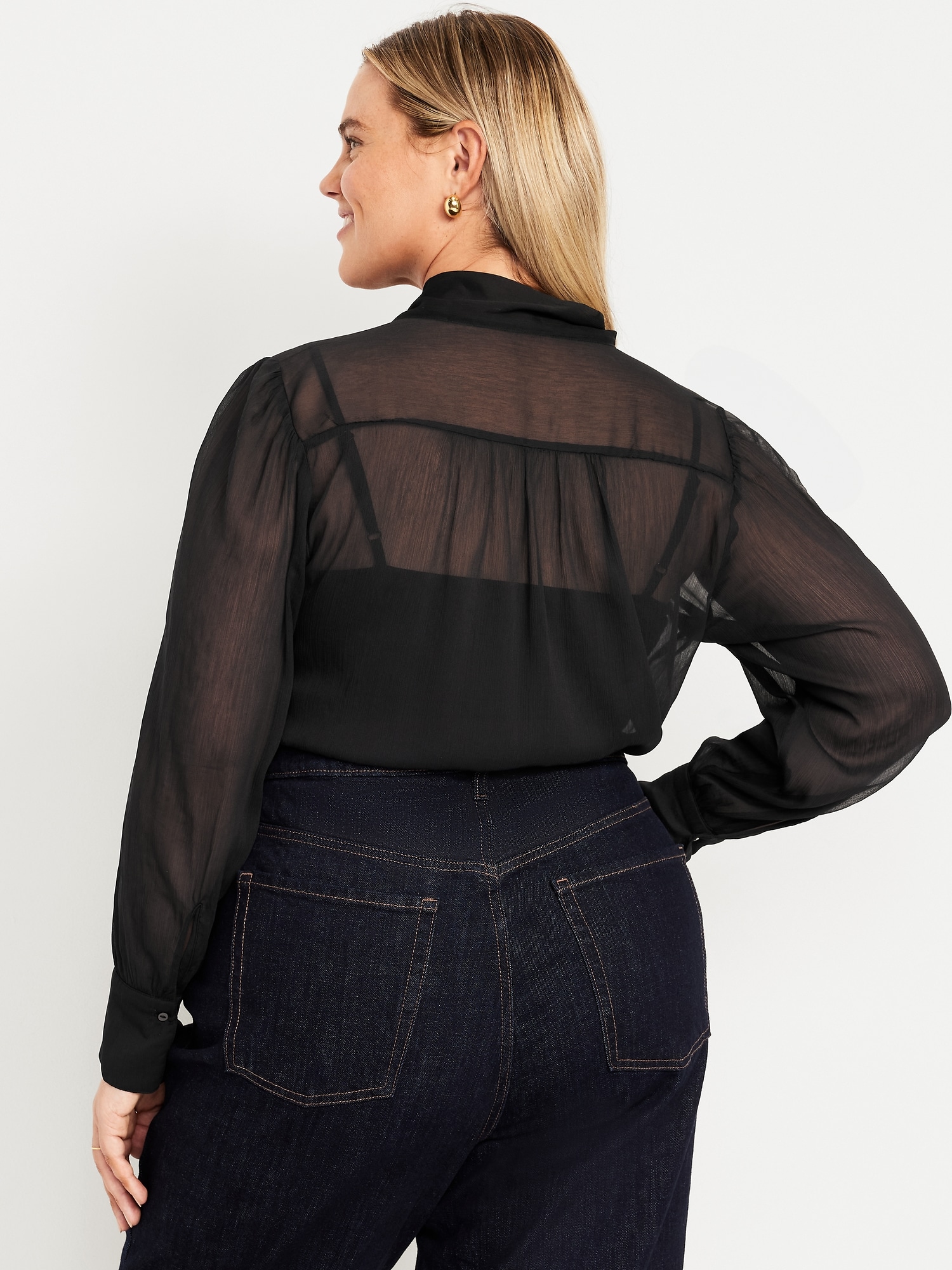 Long-Sleeve Tie-Neck Chiffon Top