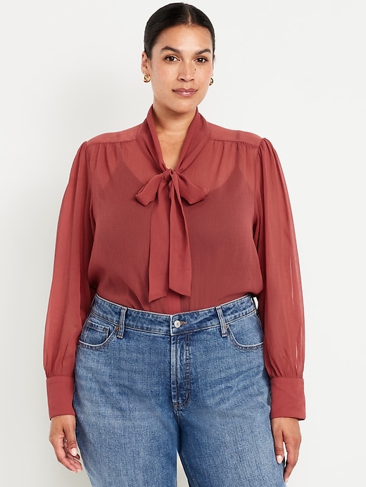 Image number 7 showing, Long-Sleeve Tie-Neck Chiffon Top