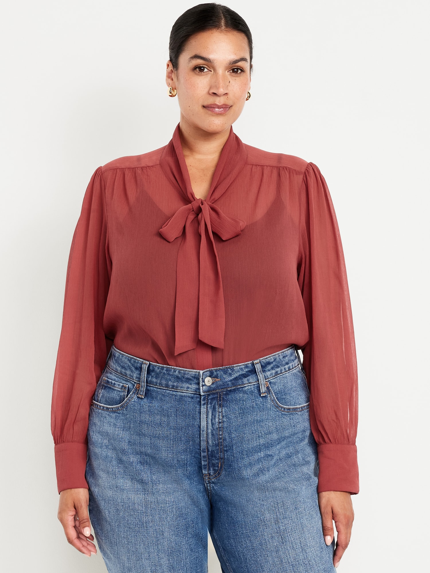 Long-Sleeve Tie-Neck Chiffon Top