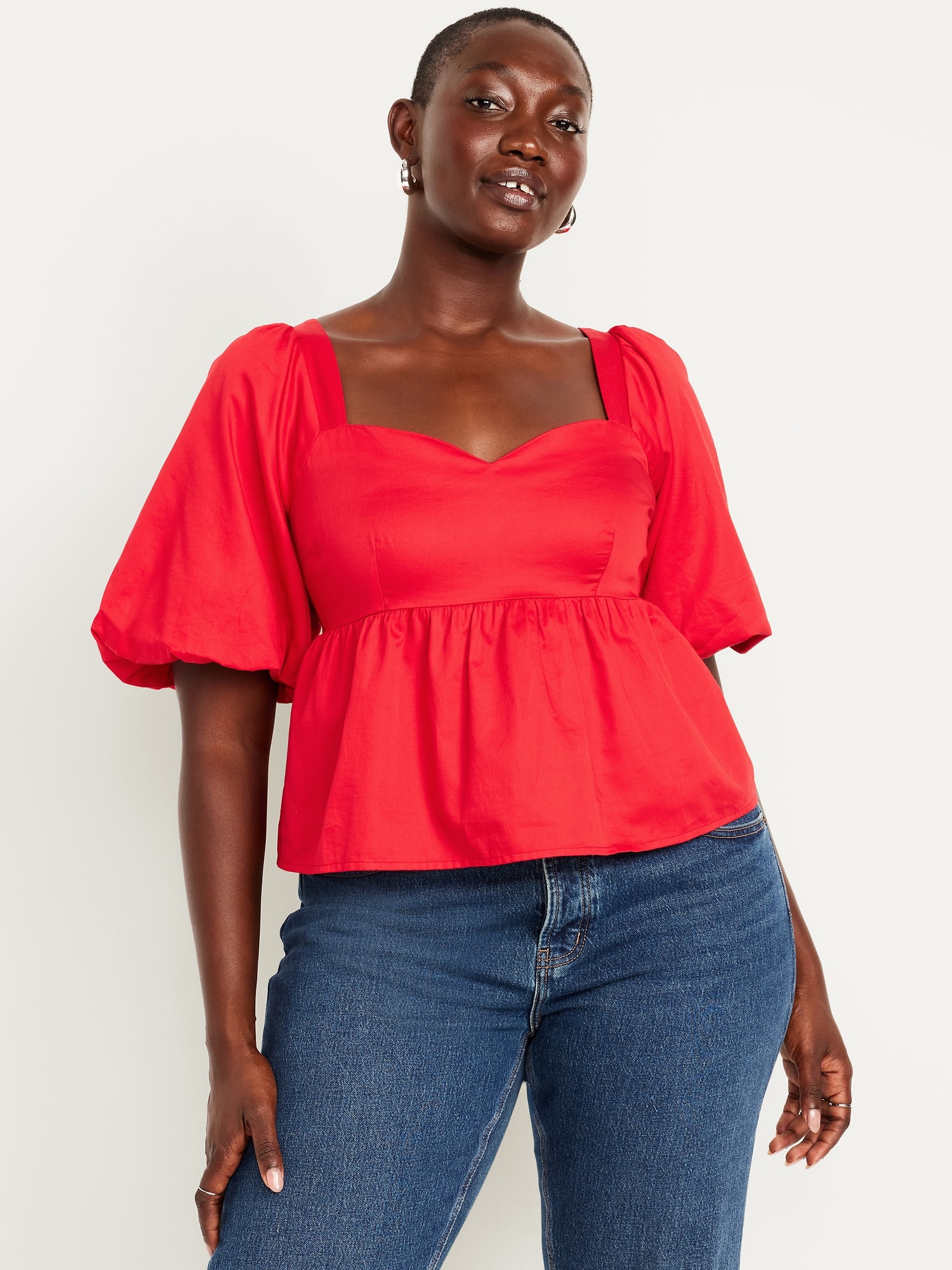 Puff-Sleeve Poplin Peplum Top | Old Navy