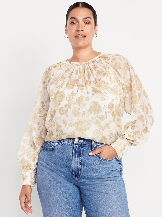 Image number 7 showing, Shirred Chiffon Long-Sleeve Top