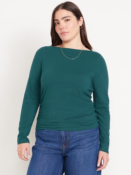 Image number 5 showing, Long-Sleeve Slit-Neck Ruched Top
