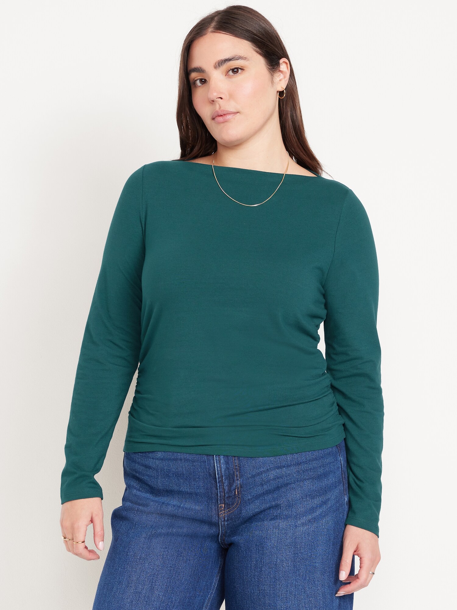 Long-Sleeve Slit-Neck Ruched Top