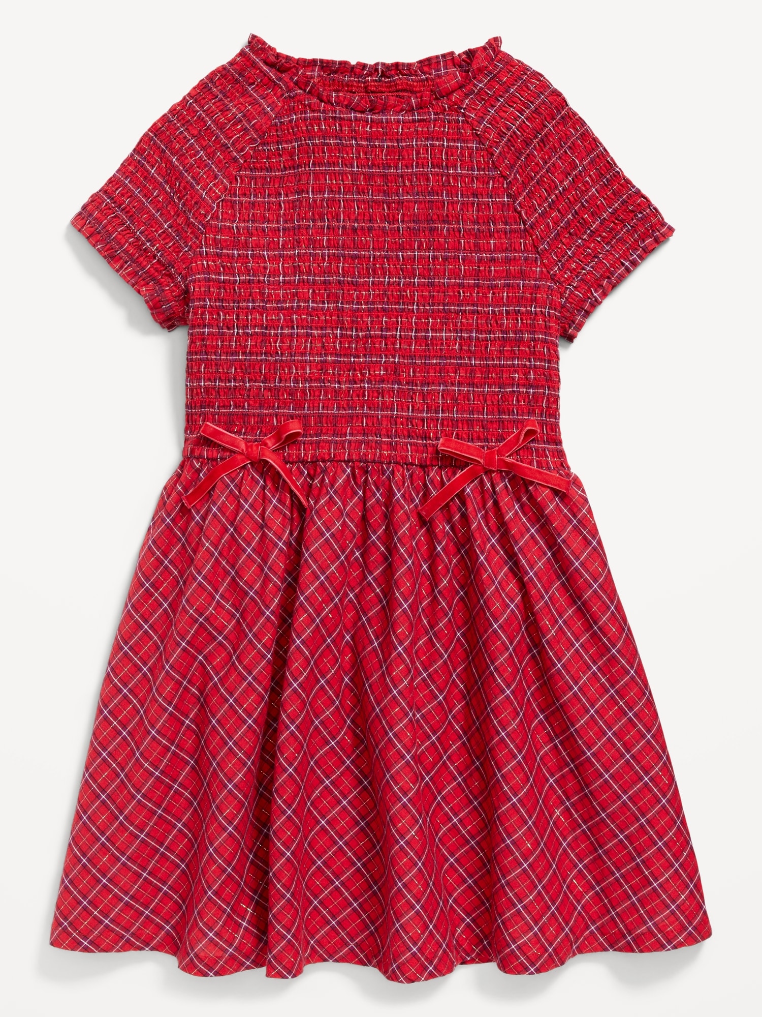 Short-Sleeve Fit and Flare Smocked Bow Dress for Girls