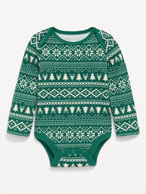 Printed Long-Sleeve Ribbed Unisex Bodysuit for Baby - Festive Fairisle