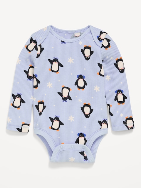 Printed Long-Sleeve Ribbed Unisex Bodysuit for Baby - Penguins