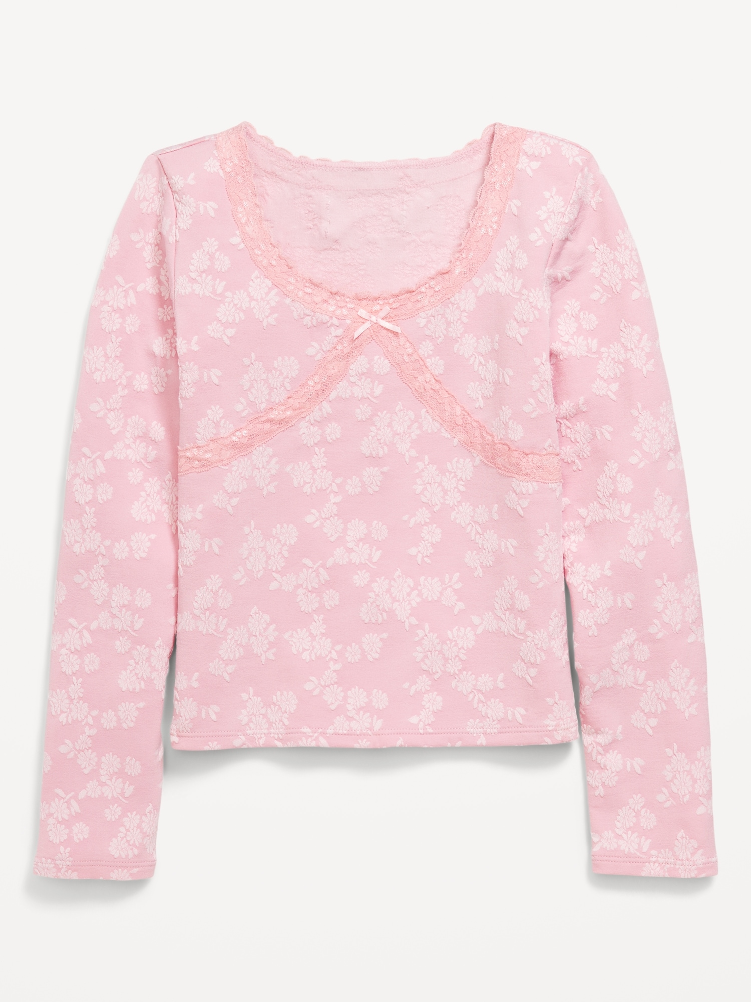 Fitted Long-Sleeve Lace-Trim Top for Girls