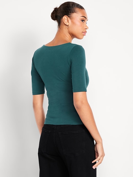 Image number 2 showing, Fitted Double-Layer Elbow-Sleeve Scoop-Neck Top