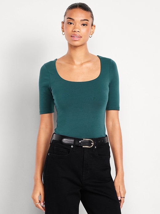 Image number 1 showing, Fitted Double-Layer Elbow-Sleeve Scoop-Neck Top