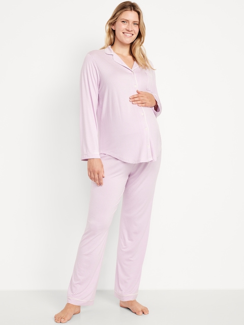 Maternity Classic Pajama Set - White/Purple Stripe