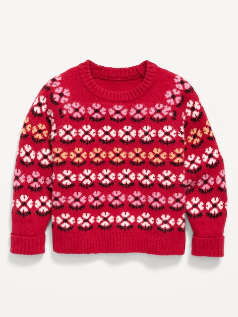 Printed Crew-Neck Sweater for Toddler Girls - Red Floral