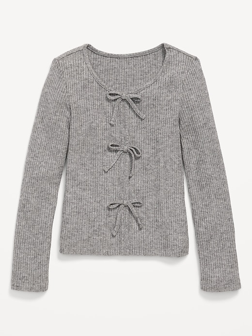 Image number 2 showing, Fitted Long-Sleeve Ribbed Bow-Tie Top for Girls