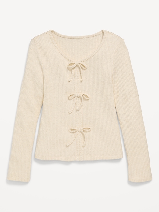 Image number 2 showing, Fitted Long-Sleeve Ribbed Bow-Tie Top for Girls