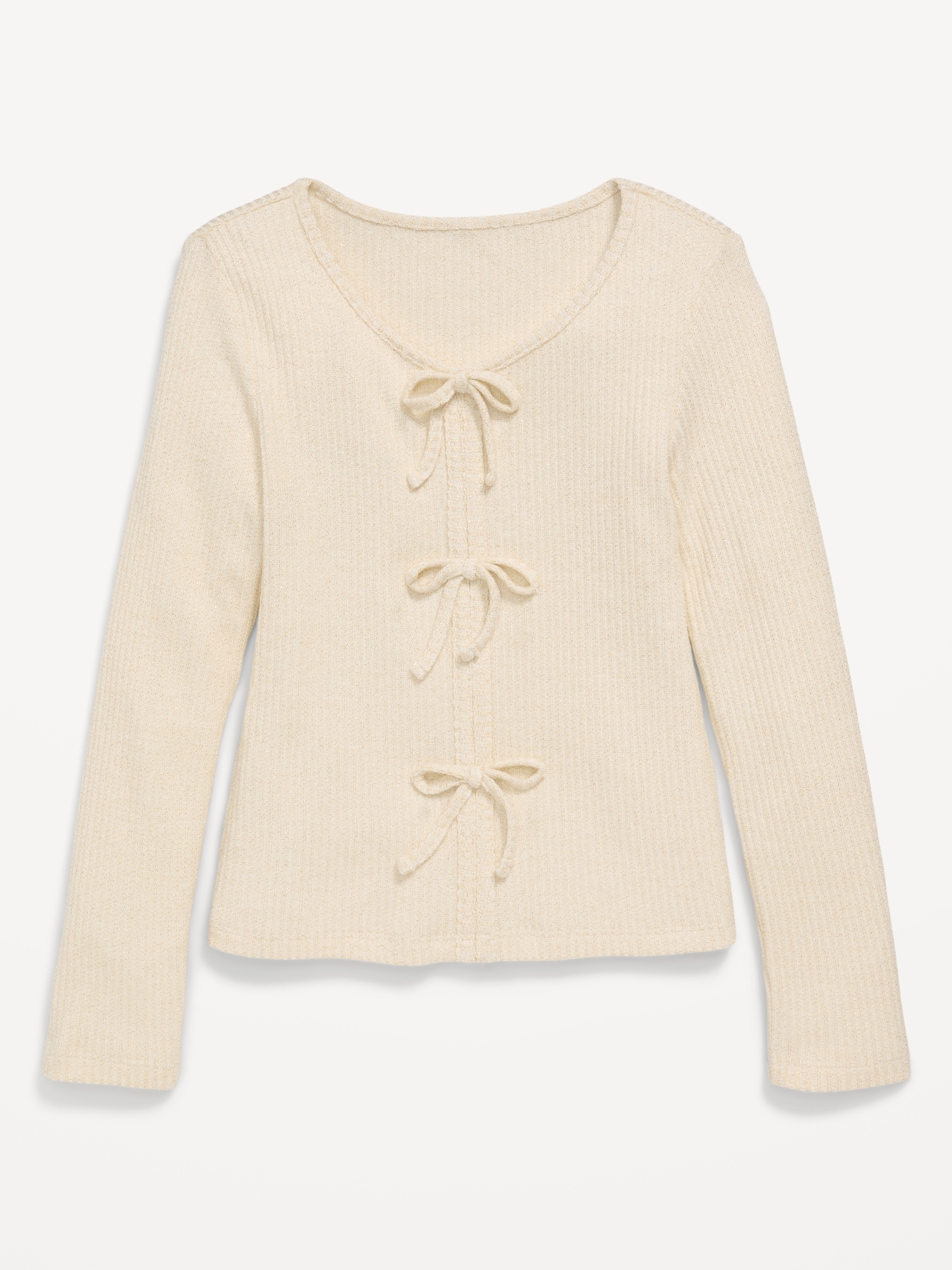 Fitted Long-Sleeve Ribbed Bow-Tie Top for Girls