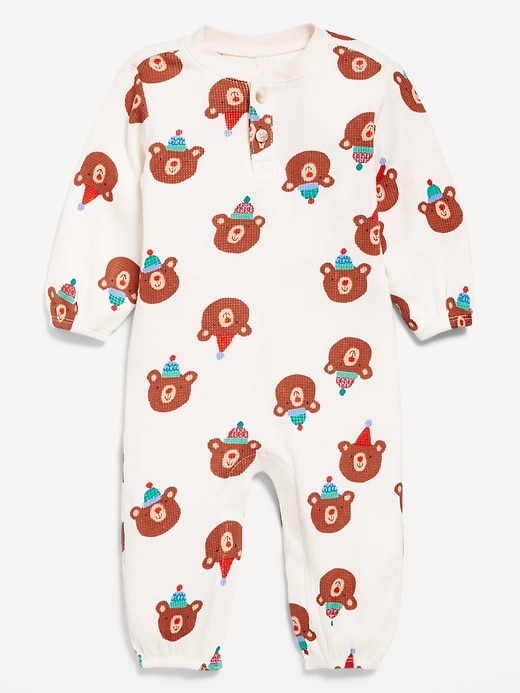 Image number 1 showing, Printed Long-Sleeve Henley Waffle-Knit One-Piece for Baby