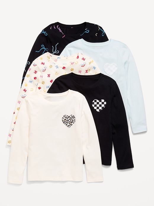 Image number 1 showing, Softest Long-Sleeve Heart-Pocket T-Shirt 5-Pack for Girls