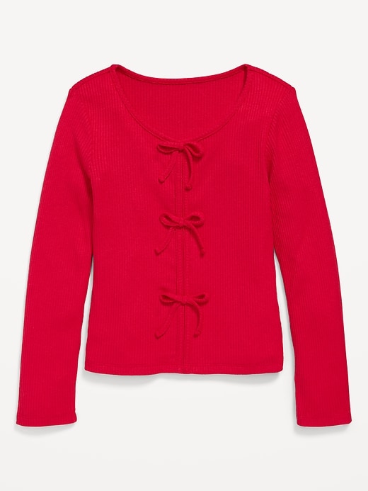 Image number 2 showing, Fitted Long-Sleeve Ribbed Bow-Tie Top for Girls