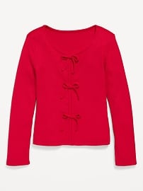 Image number 2 showing, Fitted Long-Sleeve Ribbed Bow-Tie Top for Girls