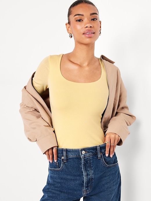 Image number 3 showing, Fitted Double-Layer Elbow-Sleeve Scoop-Neck Top