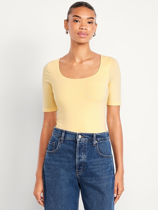Image number 1 showing, Fitted Double-Layer Elbow-Sleeve Scoop-Neck Top