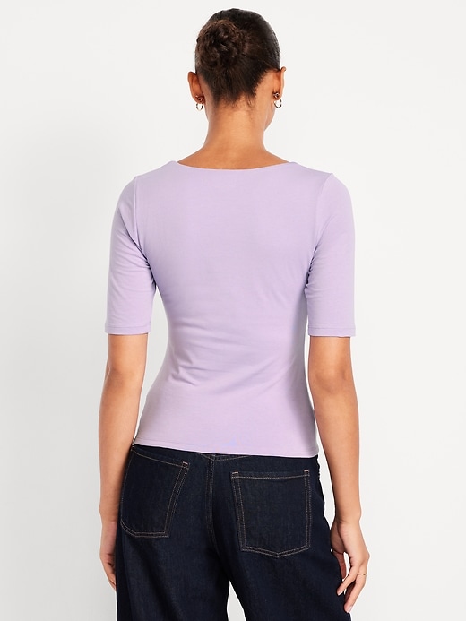 Image number 2 showing, Fitted Double-Layer Elbow-Sleeve Scoop-Neck Top