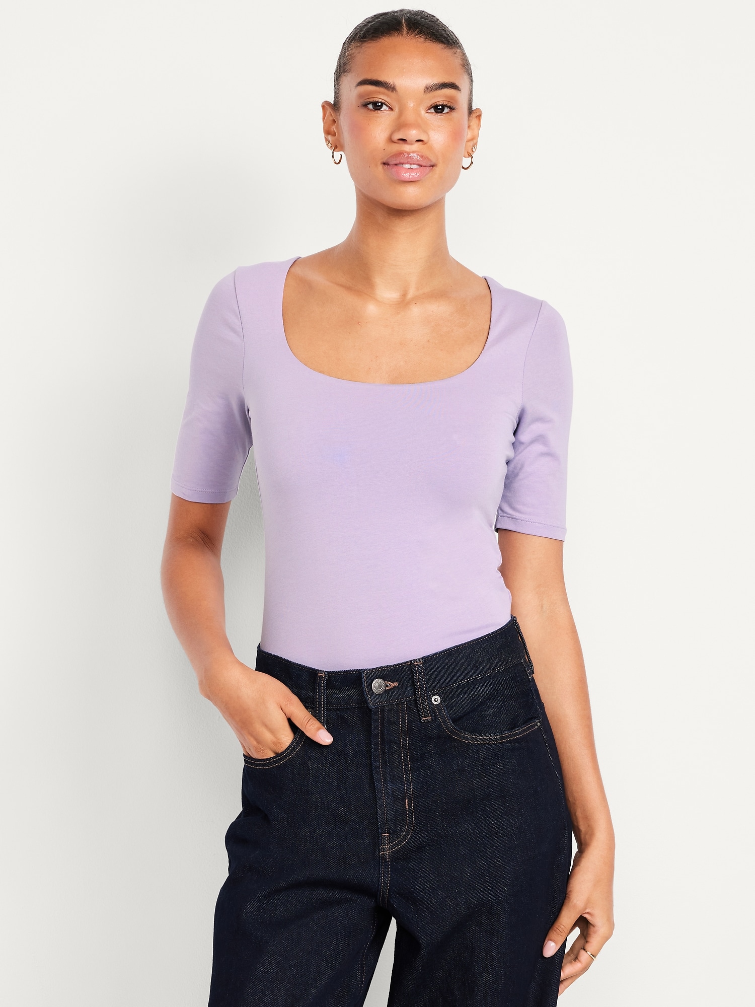 Fitted Double-Layer Elbow-Sleeve Scoop-Neck Top