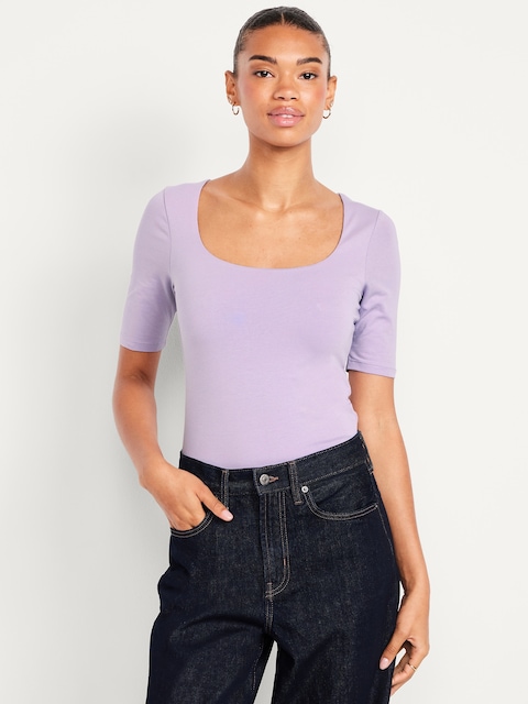 Fitted Double-Layer Elbow-Sleeve Scoop-Neck Top - Spring Wisteria