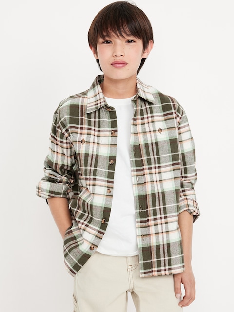 Long-Sleeve Pocket Plaid Flannel Shirt for Boys - Medium Green Plaid