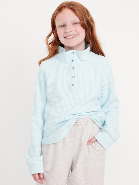 CozePlush Waffle-Knit Henley Top for Girls - Iced Water