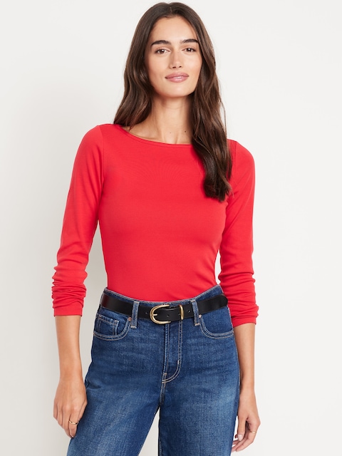 Snug Long-Sleeve Boat-Neck T-Shirt - Amaryllis