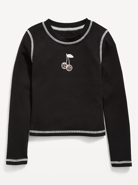Fitted Long-Sleeve Ribbed Graphic T-Shirt for Girls - Black Jack