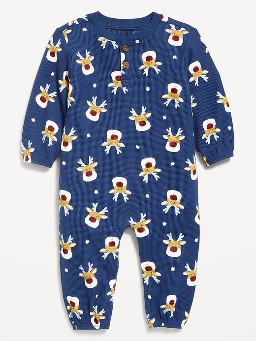 Image number 1 showing, Printed Long-Sleeve Henley Waffle-Knit One-Piece for Baby