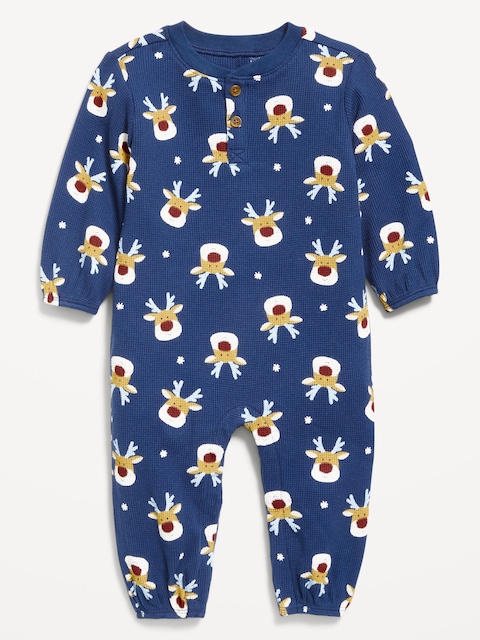Printed Long-Sleeve Henley Waffle-Knit One-Piece for Baby - Blue Reindeer