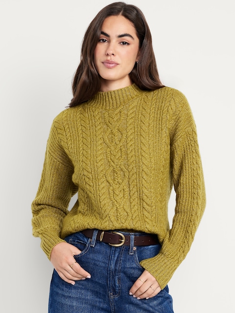 SoSoft Cropped Mock-Neck Cable Sweater - Mountain Olive