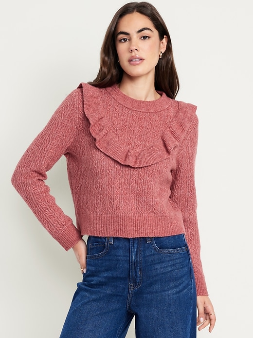 Image number 1 showing, Wool-Blend Cropped Ruffle Sweater