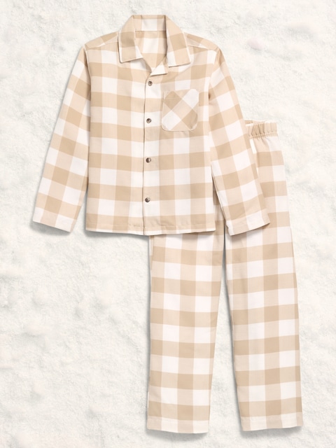 Printed Gender-Neutral Button-Front Pajama Set for Kids - Neutral Plaid (Match The Fam!)