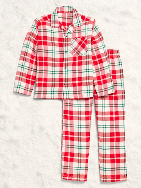 Printed Gender-Neutral Button-Front Pajama Set for Kids - Red Plaid (Match The Fam!)