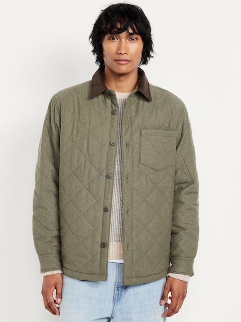 Sherpa-Lined Quilted Flannel Shacket - Dark Olive