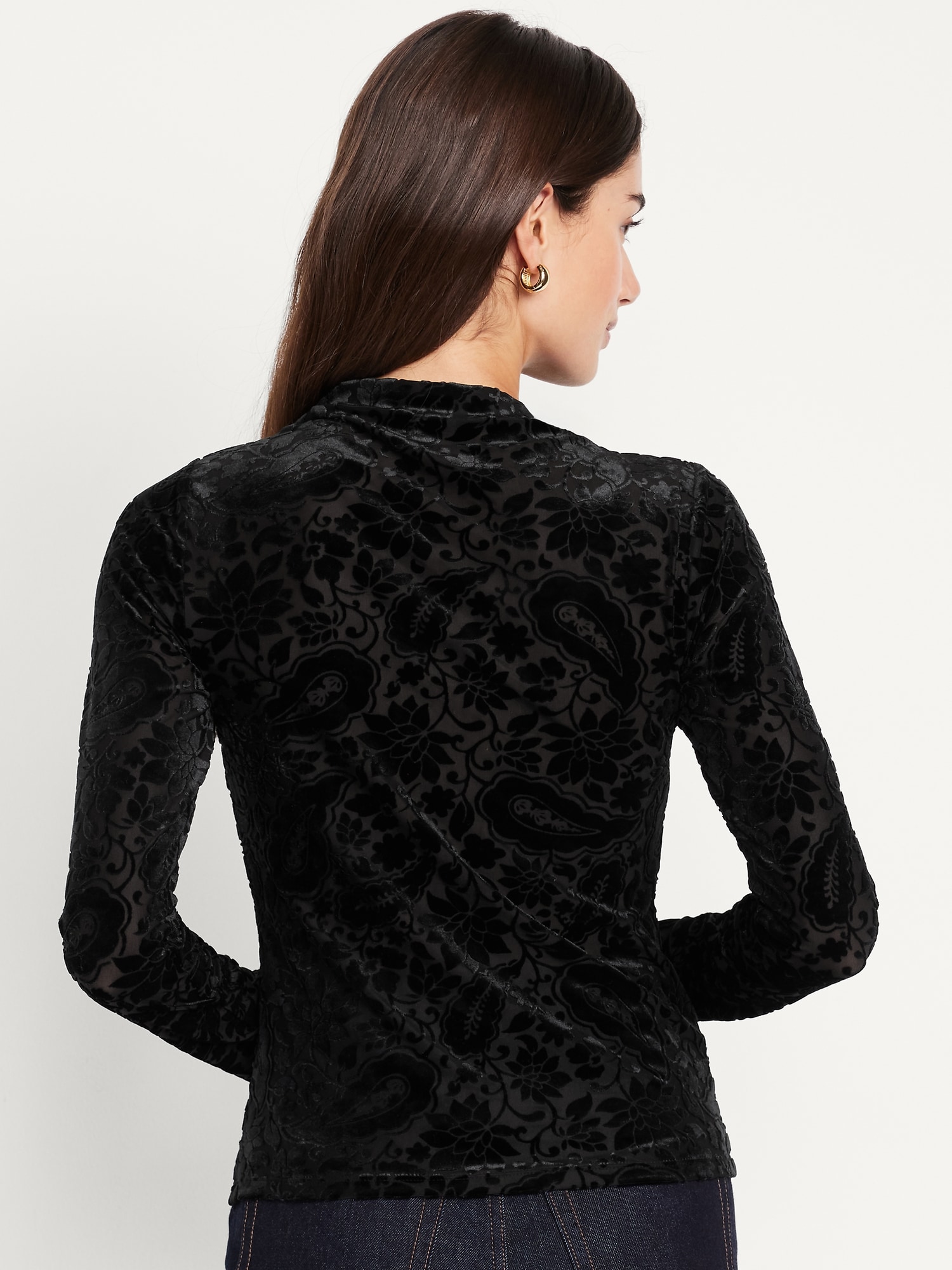Mock-Neck Long-Sleeve Velvet Top