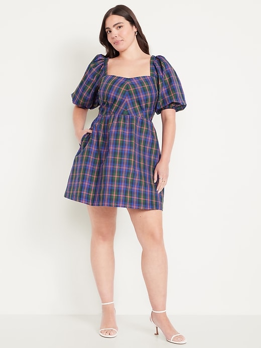 Image number 7 showing, Puff-Sleeve Plaid Fit & Flare Taffeta Mini Dress