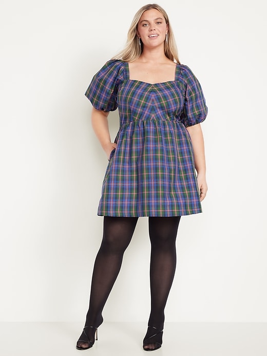 Image number 8 showing, Puff-Sleeve Plaid Fit & Flare Taffeta Mini Dress