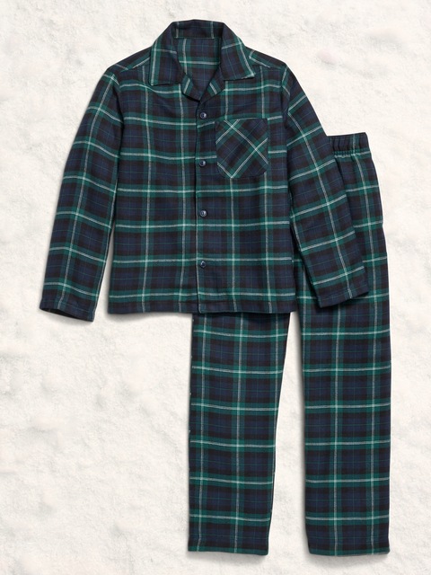 Printed Gender-Neutral Button-Front Pajama Set for Kids - Navy Plaid (Match The Fam!)