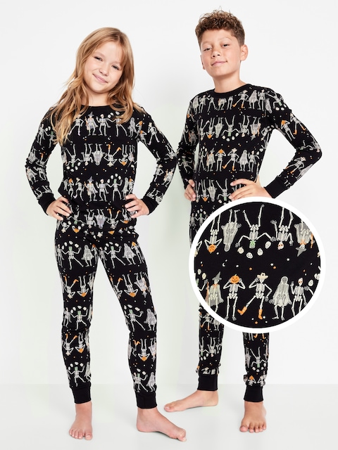 Gender-Neutral Snug-Fit Graphic Pajama Set for Kids - Skeleton Black (Match The Fam!)