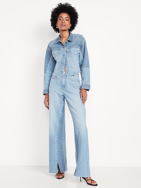 High-Waisted Baggy Wide-Leg Jeans - Light Wash Cutoff